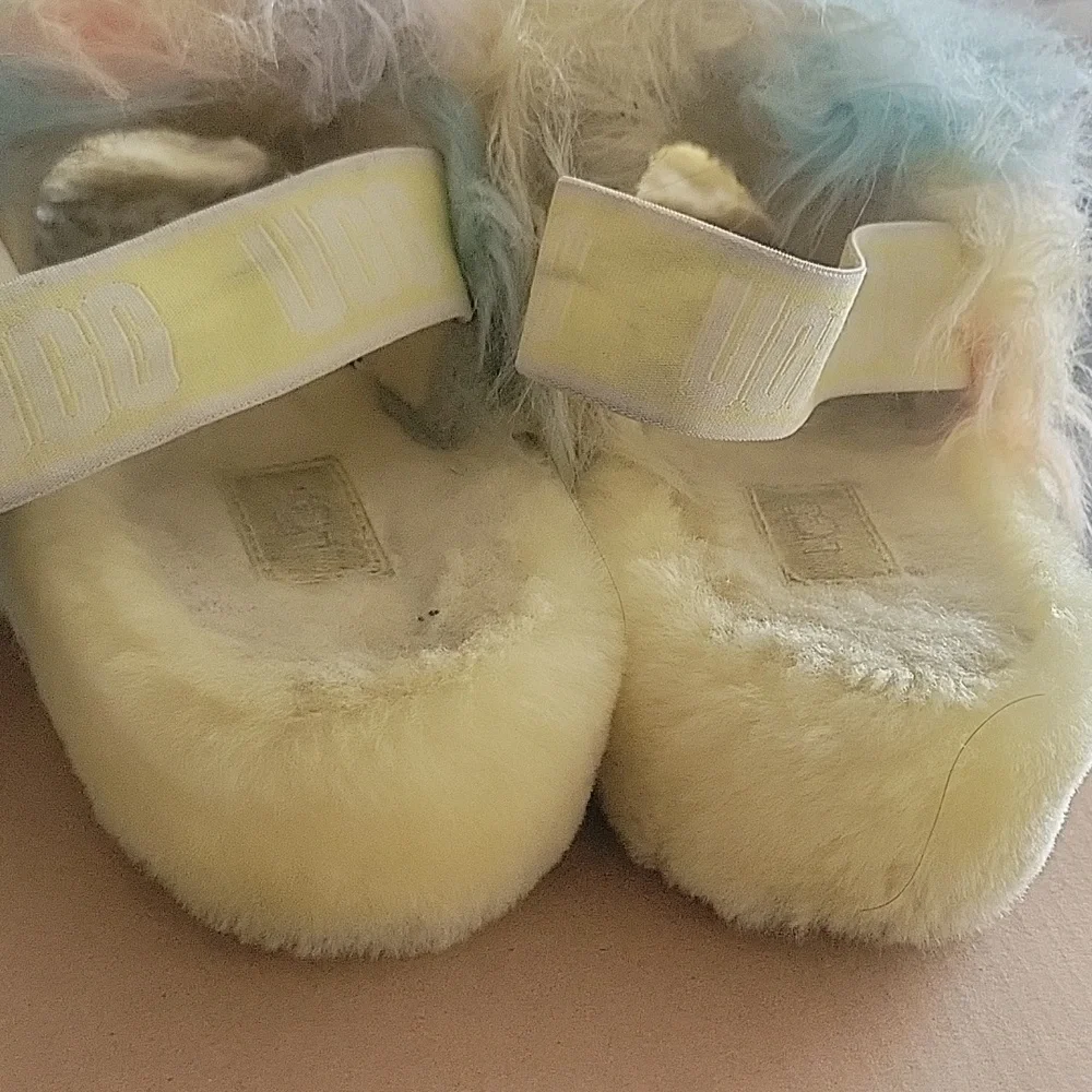 Women's UGG Pastel Rainbow Faux Fur Slide Sandals - Yellow - Picture 2 of 4